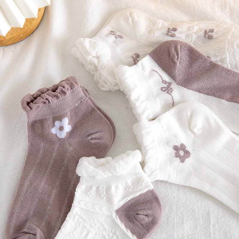 PVN54648 Set 5 tất vớ nữ bèo nhún, phong cách Vintage Hàn, cotton thoáng khí, không xơ