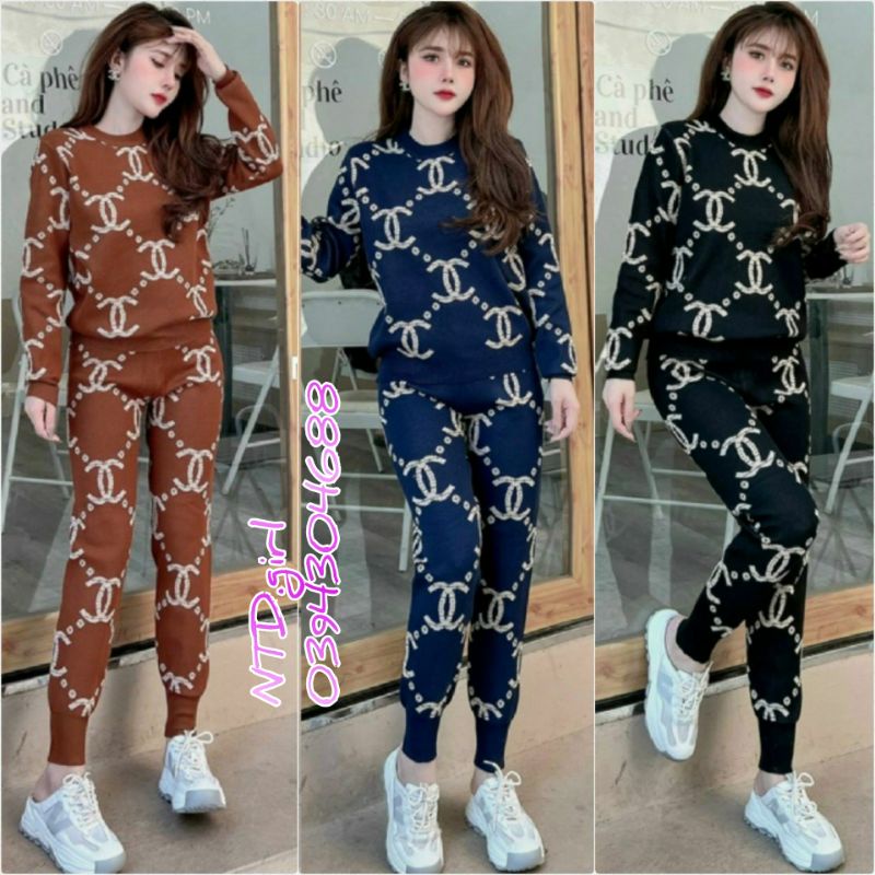 Set bộ nữ thun poly 2 da mềm mịn in logo độc đáo, sét đồ thời trang quần áo dài thể thao thu đông - HTR