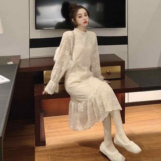 H.A.N STORE  Váy ren trắng cổ cao lớp lót nhung phong cách tiểu thư