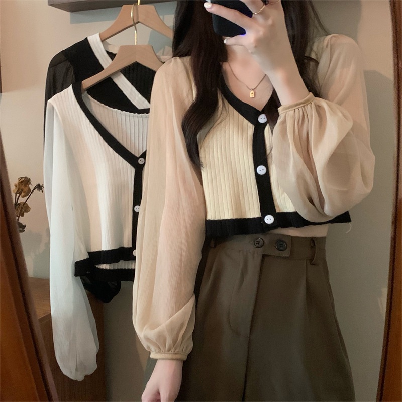 Áo Khoác Cardigan Len Dệt Kim Tay Phồng Phối Lưới Thời Trang Mùa Thu Phong Cách Hàn Quốc Mới Cho Nữ