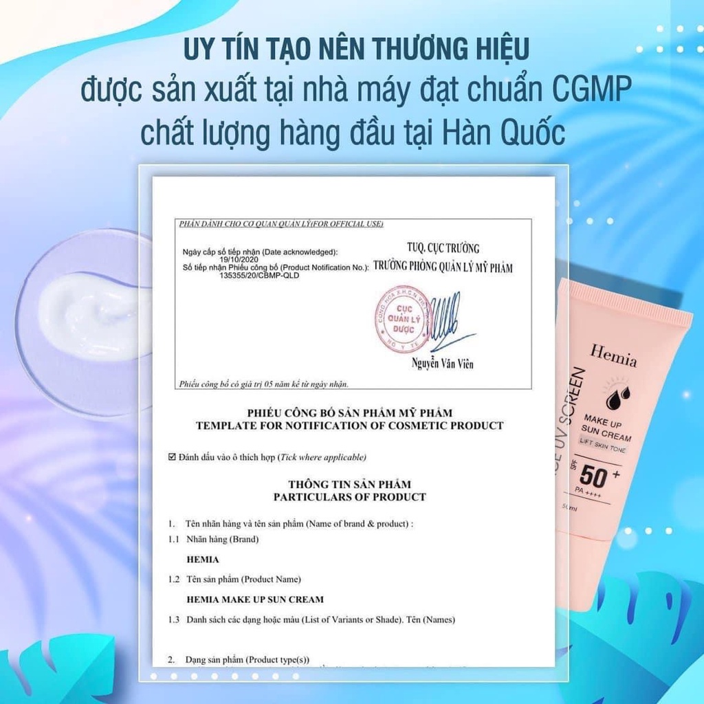 Kem chống nắng Hemia nâng tone trắng da 50ml, Kem chống nắng kiềm dầu chính hãng Hàn Quốc