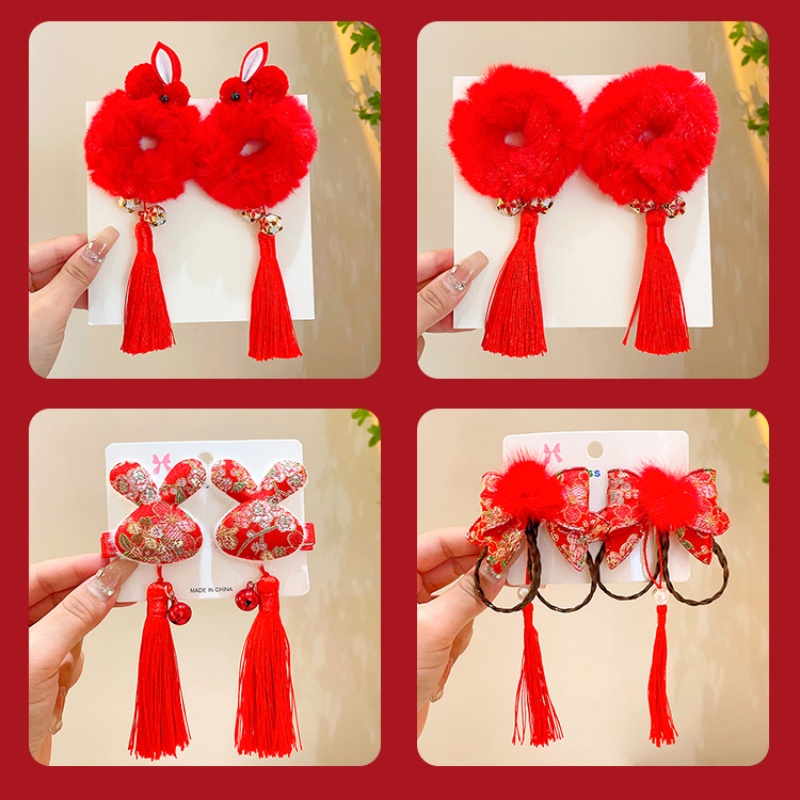 Kẹp Tóc Tua Rua Ruy Băng Màu Đỏ Phong Cách Trung Hoa Mừng Năm Mới Cho Bé Gái