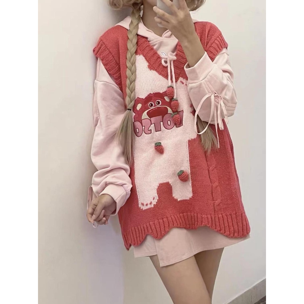 Jiashucheng Áo Sweater Dệt Kim Không Tay Dáng Rộng Thêu Hình Dâu Tây Ba Chiều Phong Cách Mori Ngọt Ngào Dễ Thương Cho Nữ