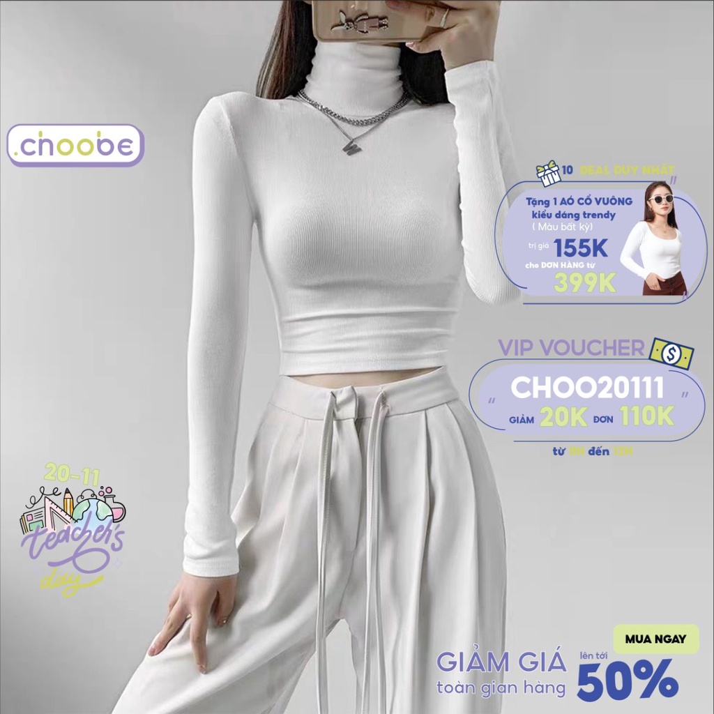 Áo croptop dài tay nữ Choobe cổ lọ chất vải cotton co giãn giữ nhiệt tốt kiểu ôm body cá tính A77