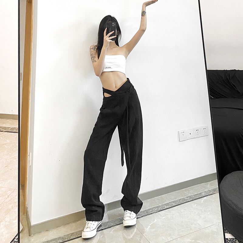 Quần ống rộng Lưng Cao Phong Cách Punk Đường Phố Thời Trang Thu Đông 2021 Dành Cho Bạn Nữ