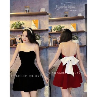ĐẦM NHUNG HAI DÂY NGỌC ĐÍNH NƠ LƯNG DÁNG XOÈ NGẮN