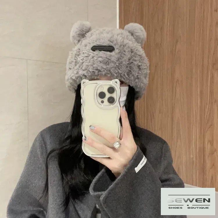 Mũ Trùm Đầu Che Mặt Bằng Vải Bông Dày Ấm Áp Hình Gấu Hoạt Hình Dễ Thương Phong Cách Thu Đông