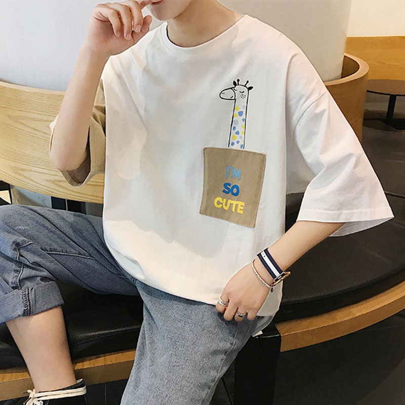 Áo Thun Tay Ngắn Cổ Tròn Dáng Rộng In Họa Tiết Màu Sắc Tương Phản Thời Trang Mùa Hè Cho Nam