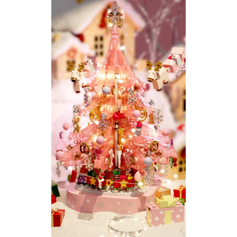 Đồ Chơi Lắp Ghép Cây Thông Noel Hồng Có Hộp Phát Nhạc Trục Xoay Và Hệ Thống Đèn