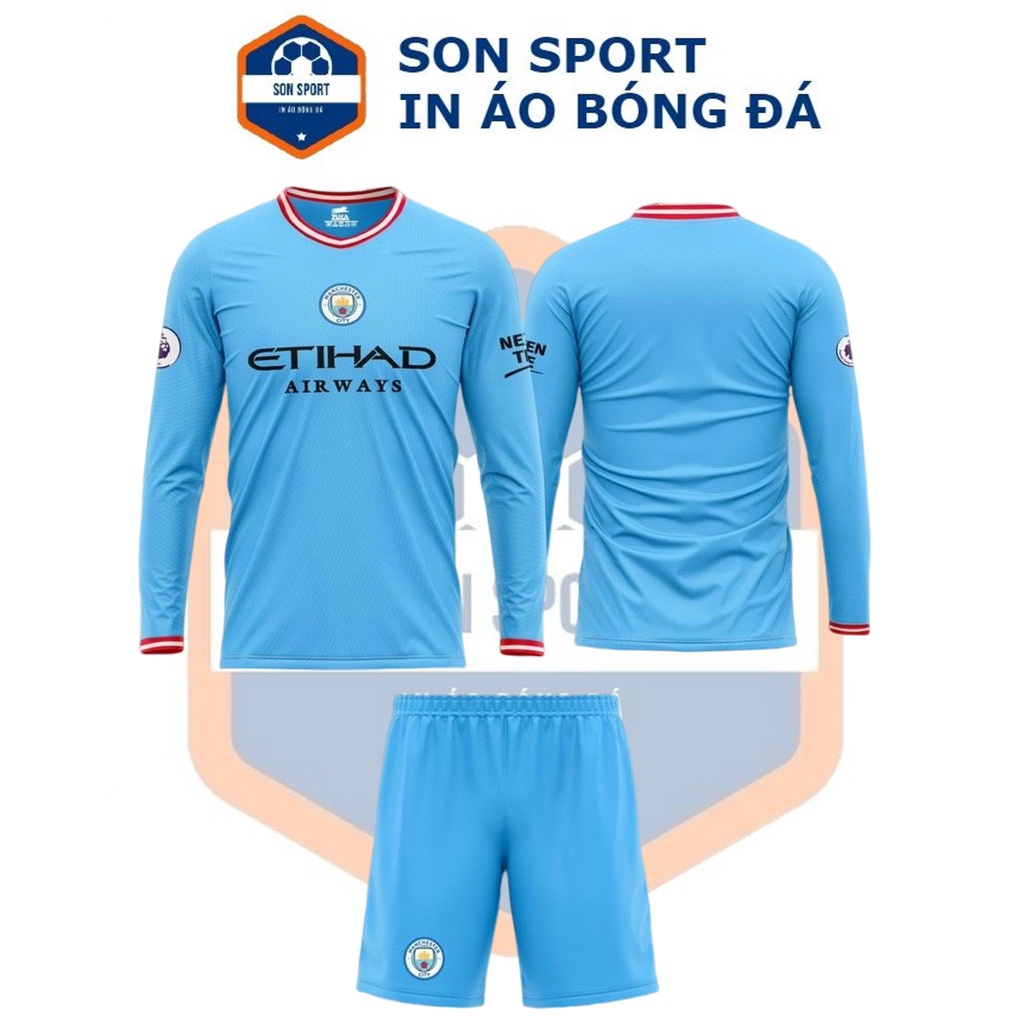 Bộ quần áo bóng đá Dài tay Thun thái CLB Manchester City xanh, trắng, đen