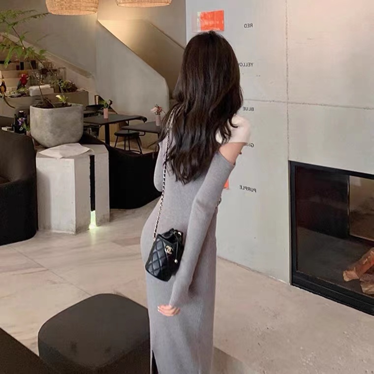 Đầm SUXI tay dài dệt kim ôm dáng phối hai màu cổ điển thời trang thu đông dành cho nữ