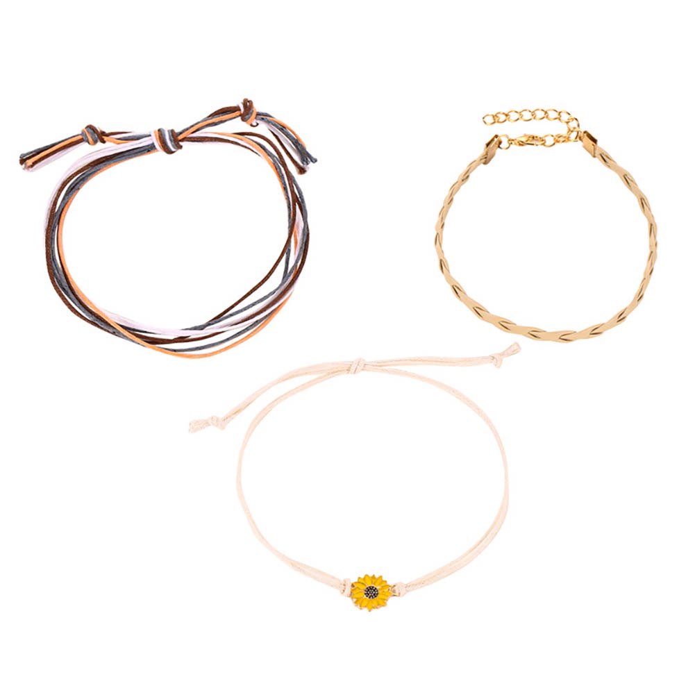 Bộ 3 Vòng Tay Dây Da Bện Mặt Hoa Hướng Dương Nhiều Màu Phong Cách Bohemian JP5