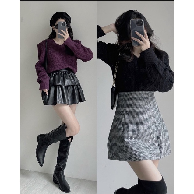 [NEW]ÁO LEN THỪNG CROPTOP CỔ V CÓ ĐỆM VAI 7611