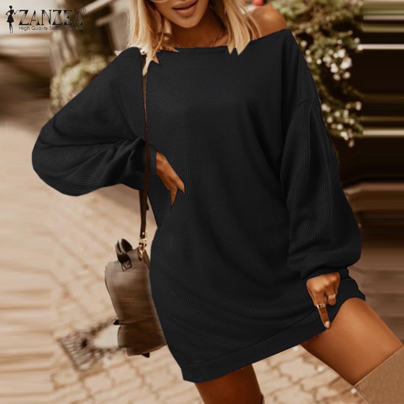 Đầm thun ZANZEA tay dài lệch vai phong cách thời trang cho nữ