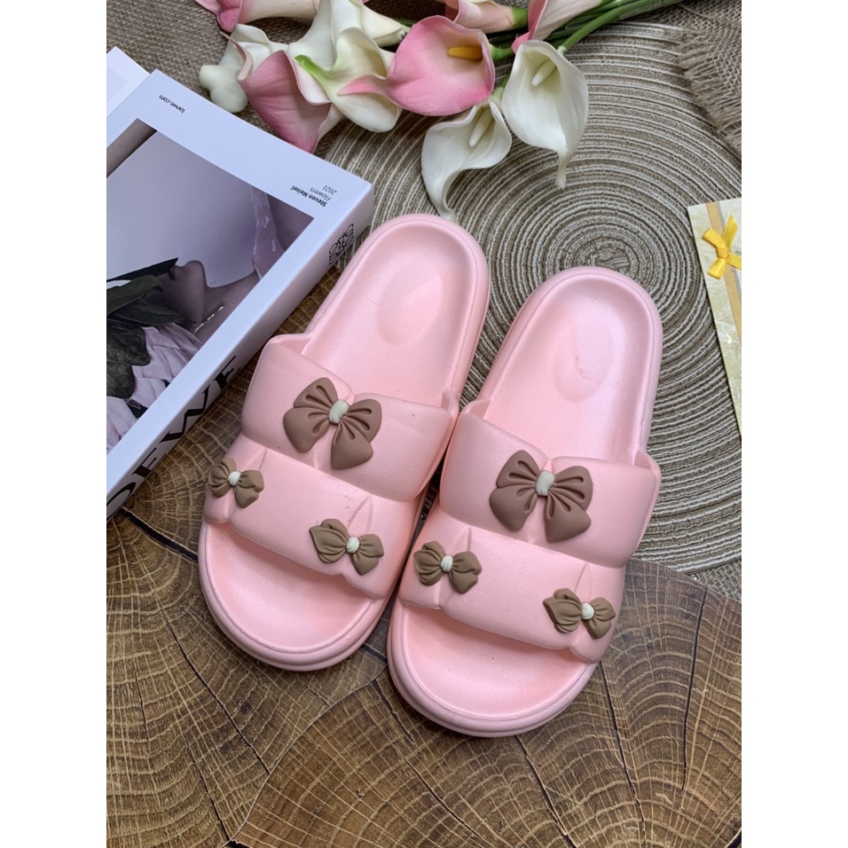 JY300- D32 - Dép nữ đế mềm mang trong nhà cho nữ siêu dễ thương đính họa tiết NƠ nhỏ