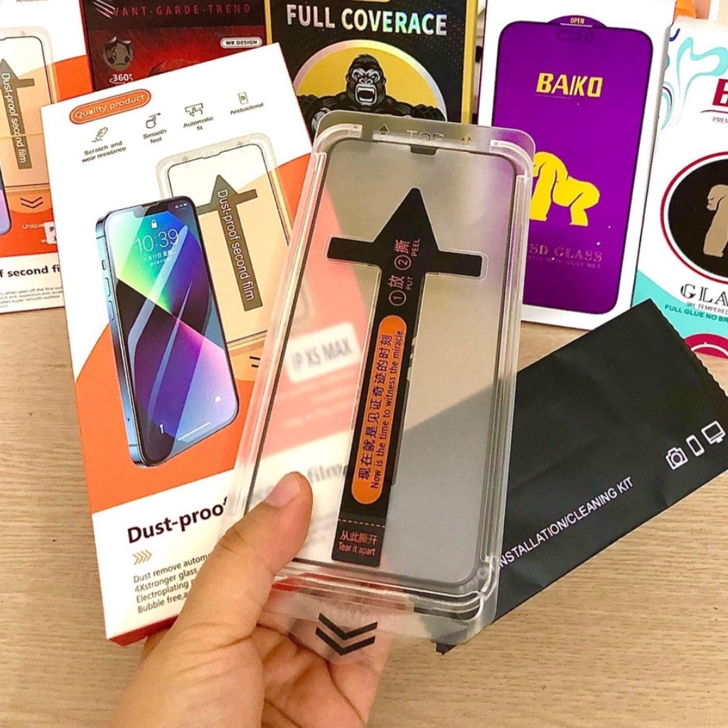 Cường lực iphone tự lấy bụi 14 Pro Max 13 Pro Max 12 Pro Max 11 Pro Max Xs Max X Xr - Có khung siêu dễ dán [KunKun]