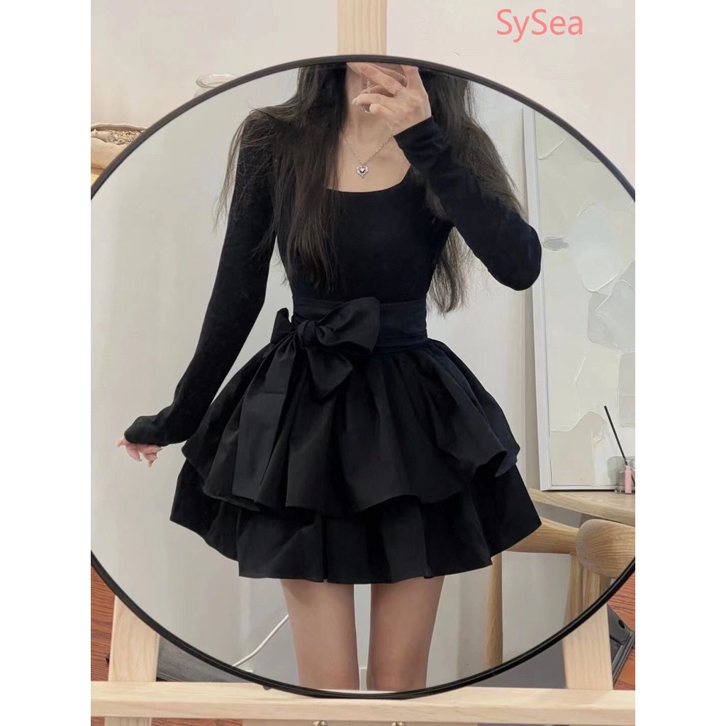 Đầm Đen Tay Dài Cổ Tròn Dáng Ôm Thời Trang Thu Đông Cho Nữ