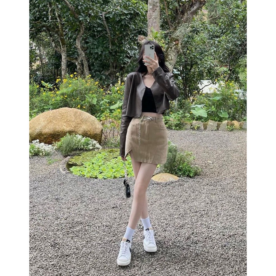 Set Áo Da Mix Kèm Chân Váy Kaki Hàng Quảng Châu M423 - Lolla Fashion