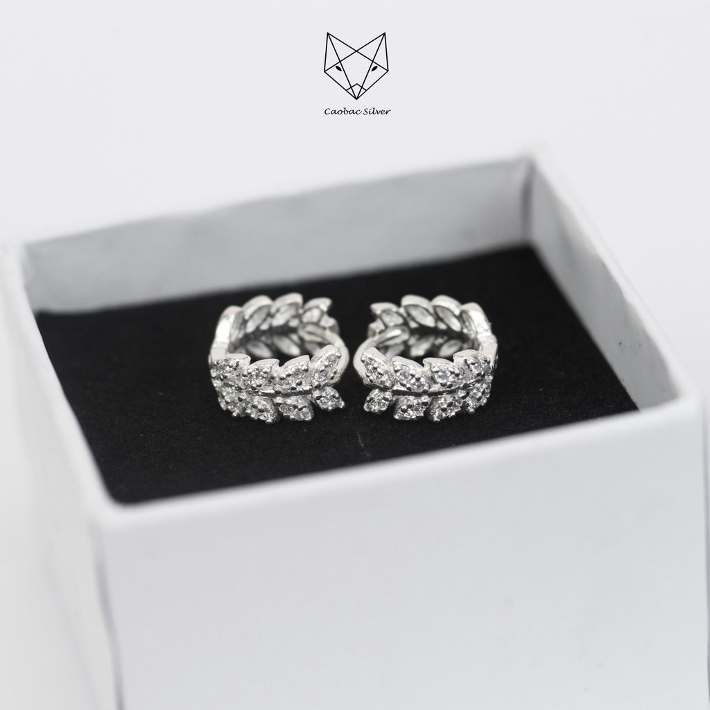 Khuyên Tai Bạc Ta Nữ CaoBac Silver Hình Lá Đính Đá Thiết Kế Kiểu Dáng Tròn Xinh Xắn Thanh Lich Dành Tặng Cho Bạn Nữ