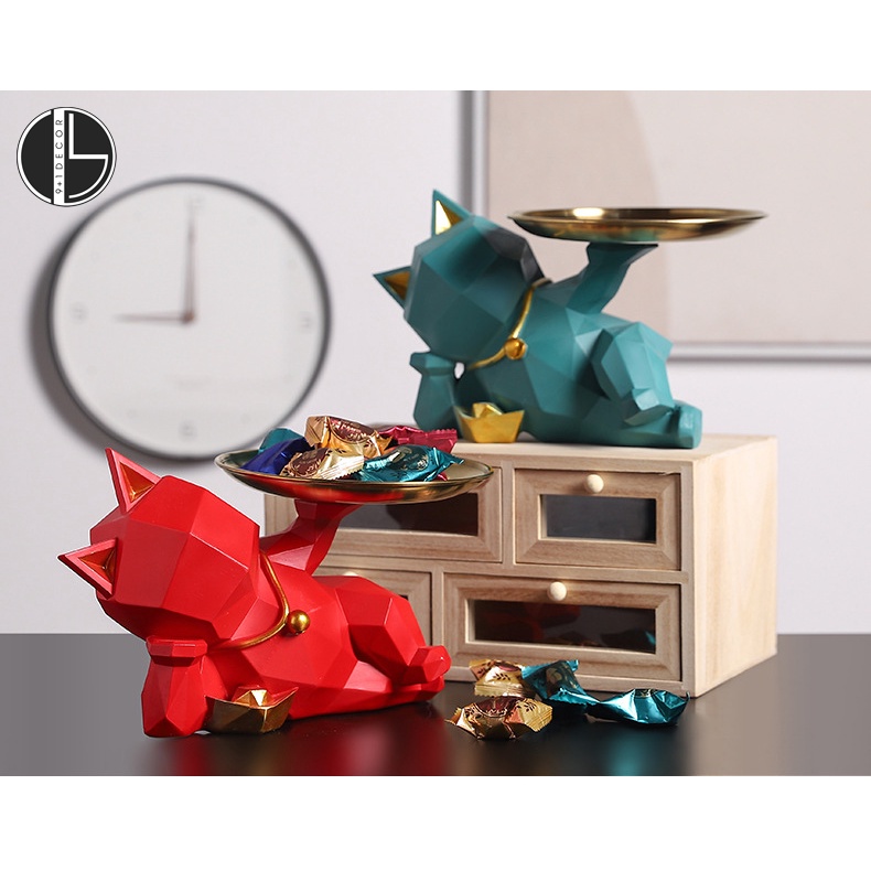 Tượng Mèo thần tài hình học bưng đĩa phong cách Bắc Âu sang trọng trang trí để bàn