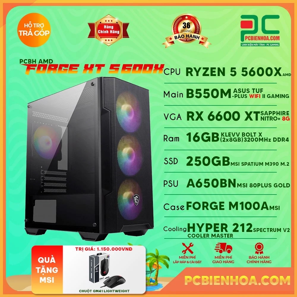 PCBH AMD MSI FORGE XT 5600X ( RYZEN 5 5600X / B550M / RX 6600 XT 8G / 16GB / 250GB )