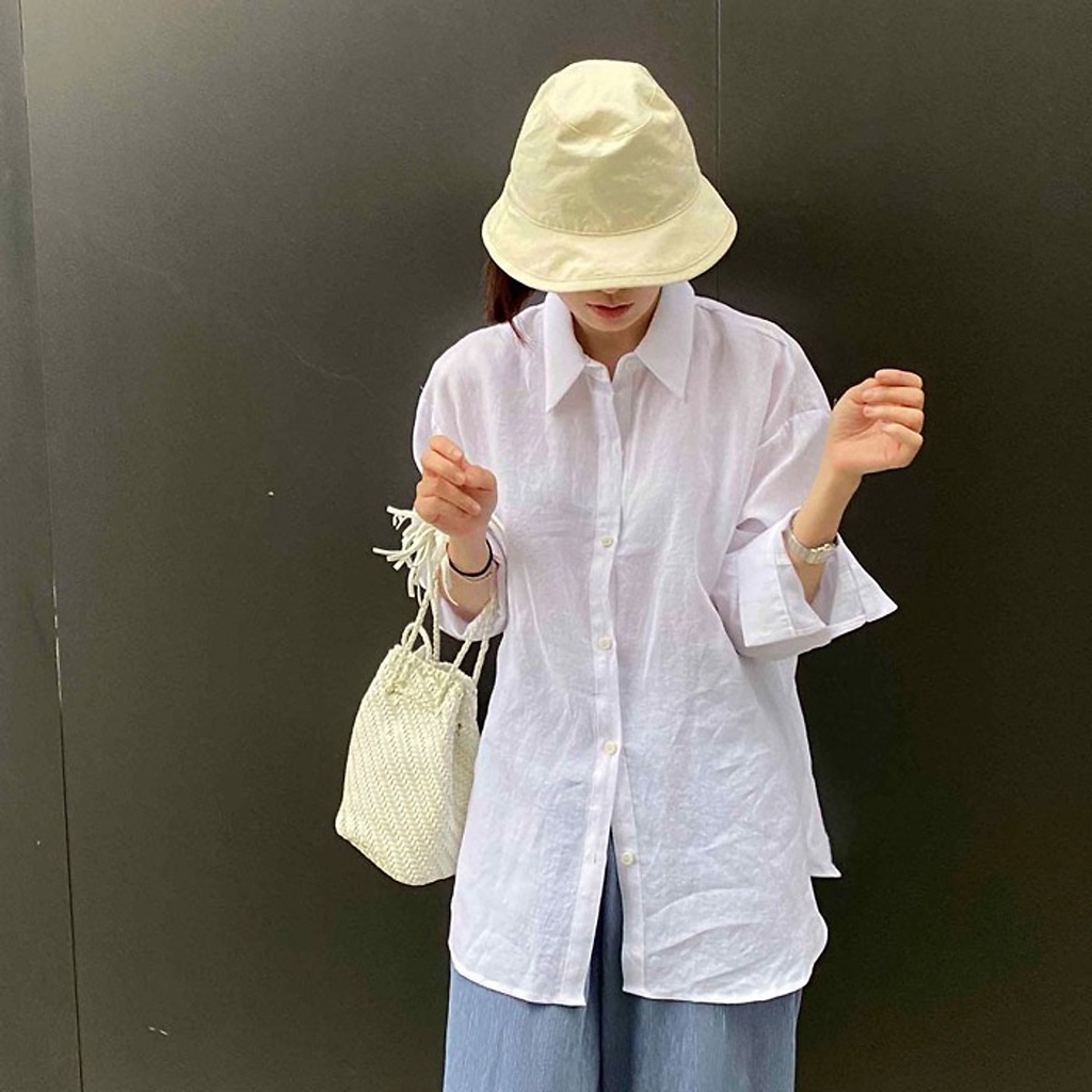 (TỔNG KHO LÂM ANH CHUYÊN SỈ) Áo sơ mi nữ form rộng rớt vai, Linen tưng Premium, thiết kế dài tay đuôi tôm (Trắng tinh)