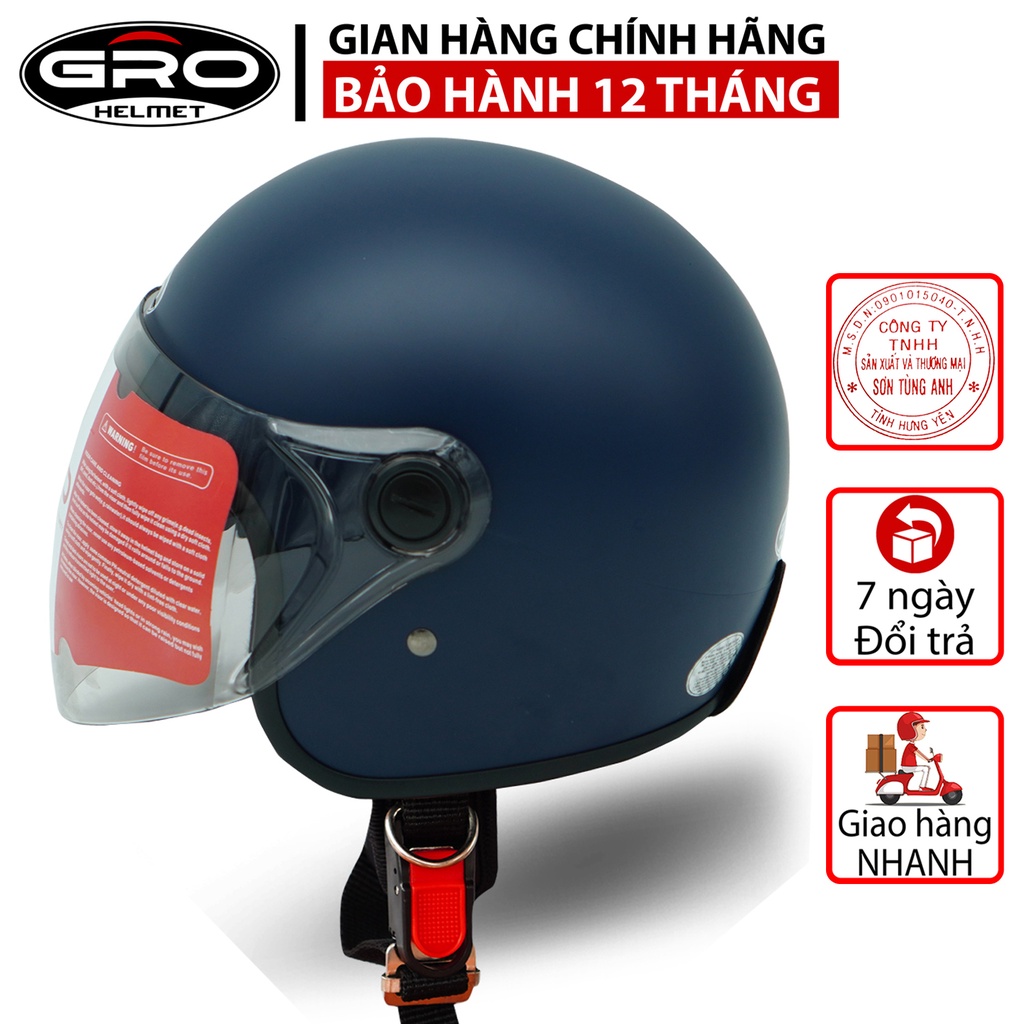 Mũ Bảo Hiểm 3/4 đầu GRO Helmet T818 có kính dài che cả mặt, kiểu dáng thời trang cho nữ, khóa kim loại - Xanh Than Nhám