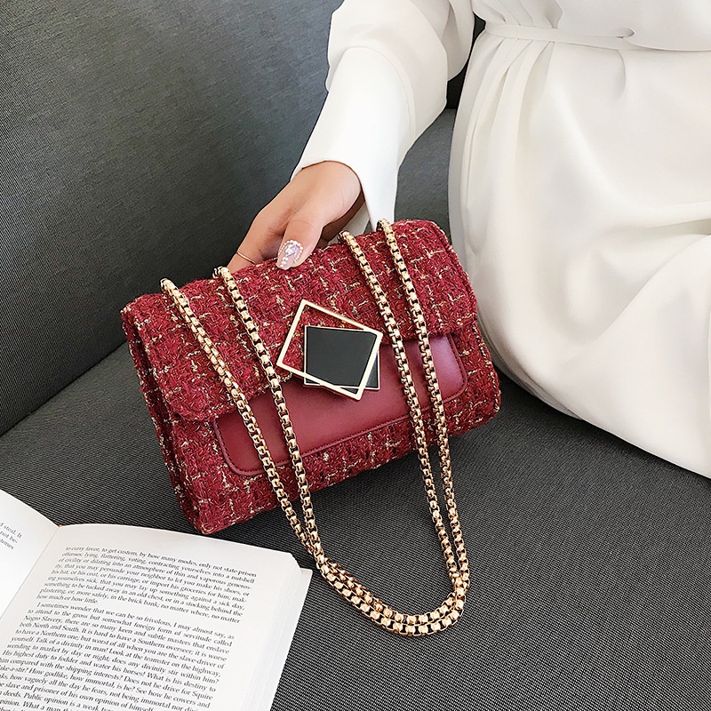 Túi Đeo Vai Bằng Len Phối Dây Xích Phong Cách Hàn Quốc Thời Trang Dành Cho Nữ