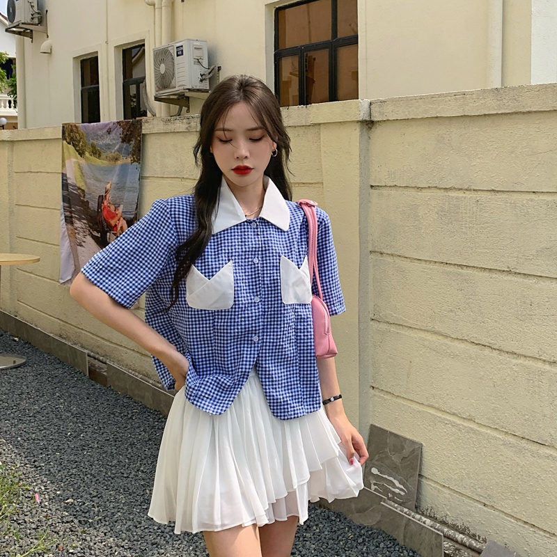 Áo Sơ Mi Nữ Ngắn Tay Màu Xanh Dương Phong Cách Hàn Quốc Áo Sơ Mi Nữ Tay Ngắn Kẻ Sọc