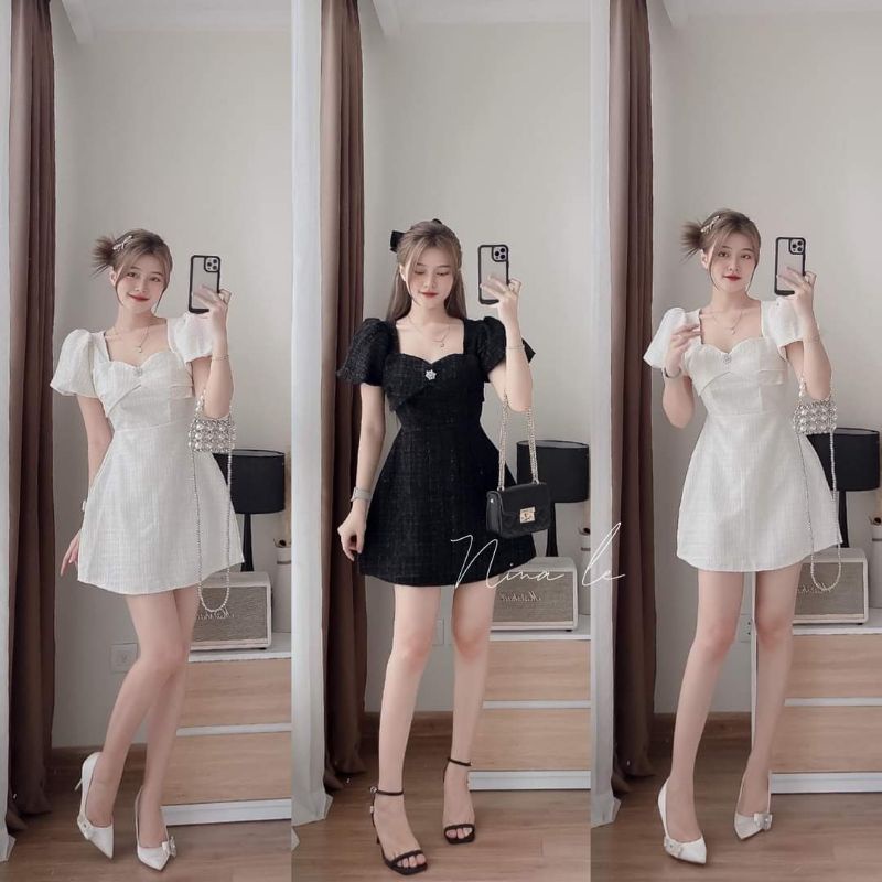 Váy dạ cổ u cúc đồng tay bồng ảnh thật shop chụp
