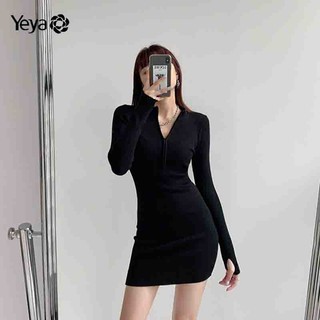 YEYA Đầm Dài Tay Ôm Dáng Phối Khóa Kéo Quyến Rũ Dành Cho Nữ