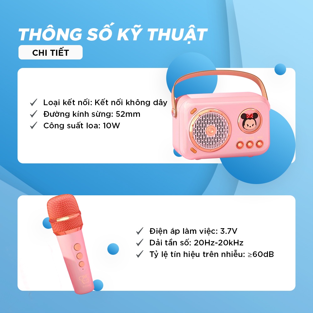 Bộ Loa Mic Karaoke Mini Không Dây Bluetooth LX 901 Chính Hãng Disney, Siêu Kute, Âm Thanh Sống Đông, Type C