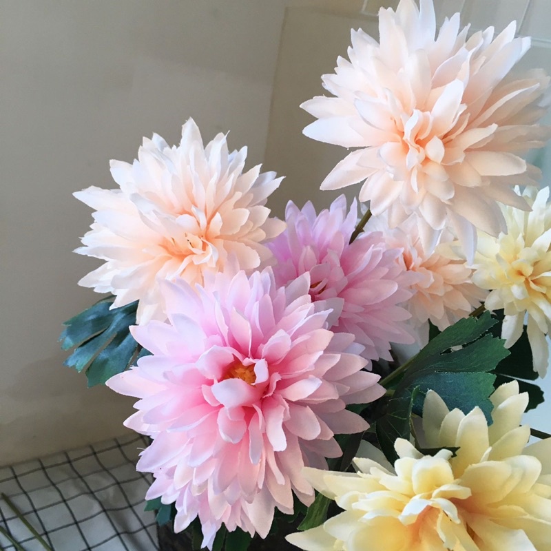 Đầu Bông Hoa Thược Dược, Cúc Pha Lê- hoa lụa giả trang trí