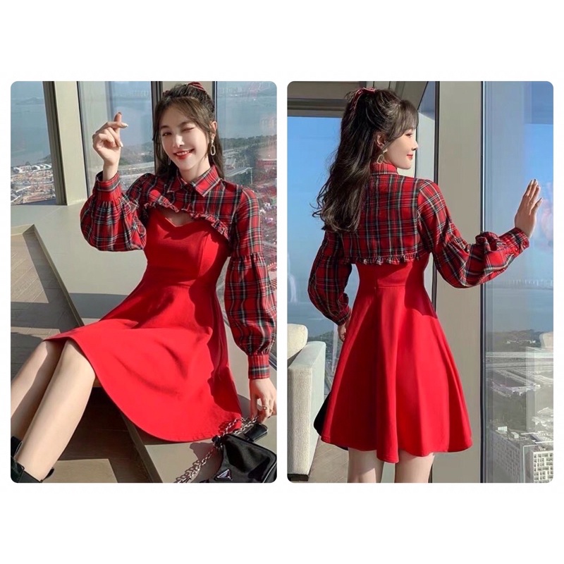 🌹Set váy đỏ phối áo khoác kate cotton sọc caro trang trí siêu dễ thương🌹