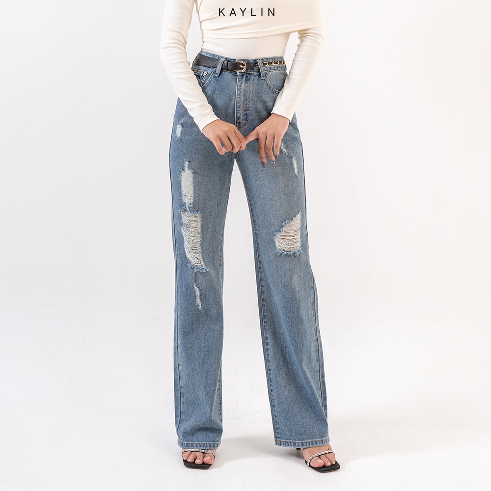 Quần jeans nữ ống suông rách phối belt thời trang KAYLIN - N1850