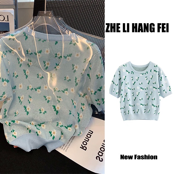 Áo sweater dệt kim ZHELIHANGFEI tay ngắn cổ tròn thêu hoa dễ thương xinh xắn