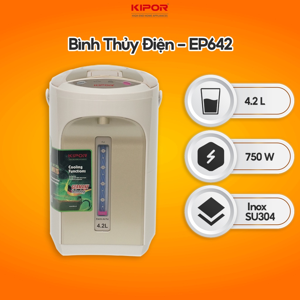 Bình thuỷ điện KIPOR KP-EP642-4,2L-Ruột bình inox 304-chế độ tự bật/ngắt,3 chế độ lấy nước-Bảo hành tại nhà 12 tháng