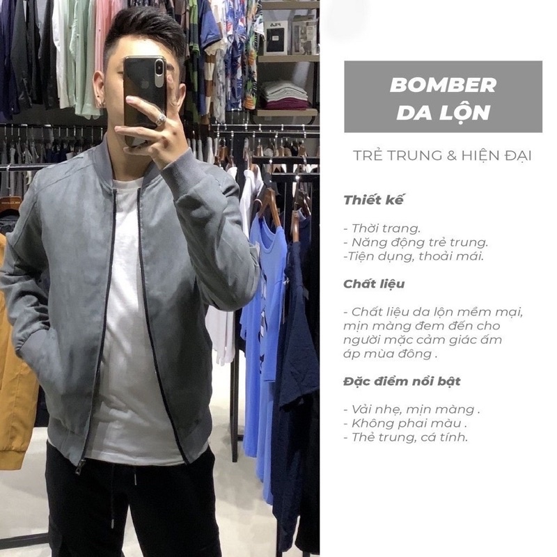 Áo khoác bomber Da Lộn - Áo bomber nam dày đẹp lót gió phối viền thời trang phong cách cao cấp