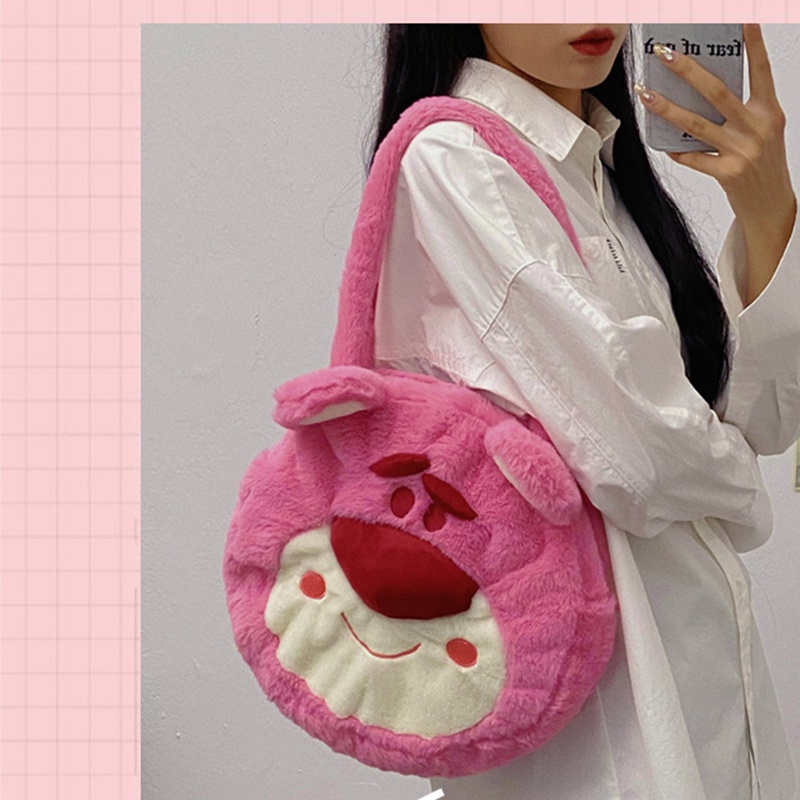 Túi Tote Đeo Vai Cỡ Lớn Bằng Vải Bông Mềm Mại Họa Tiết Dâu Tây / Gấu Hoạt Hình Dễ Thương Hợp Thời