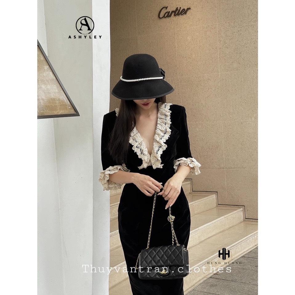 VÁY NHUNG ĐEN PHỐI REN CỔ V