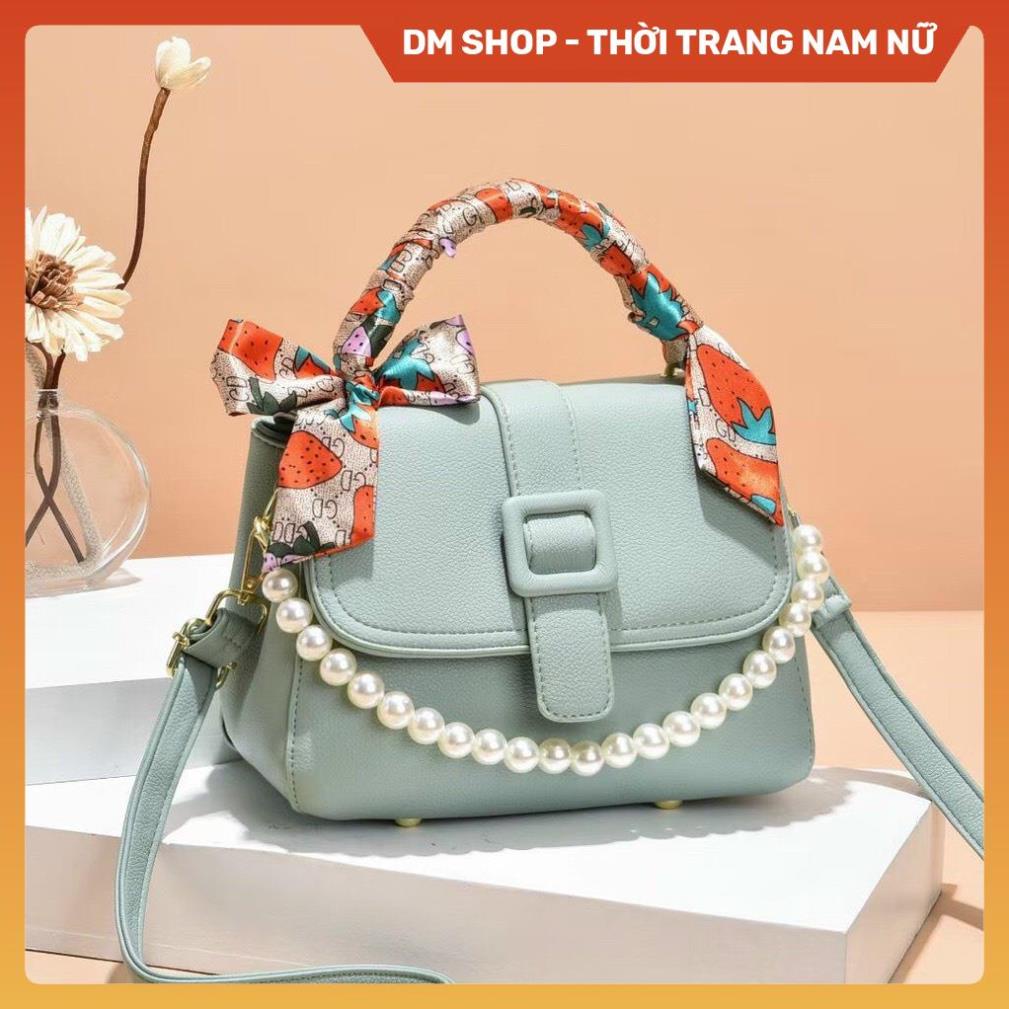 Túi đeo chéo nữ , Túi xách đeo vai phối quai ngọc trai kèm khăn tết cầm tay màu đen ghi nâu hồng thời trang DM Shop