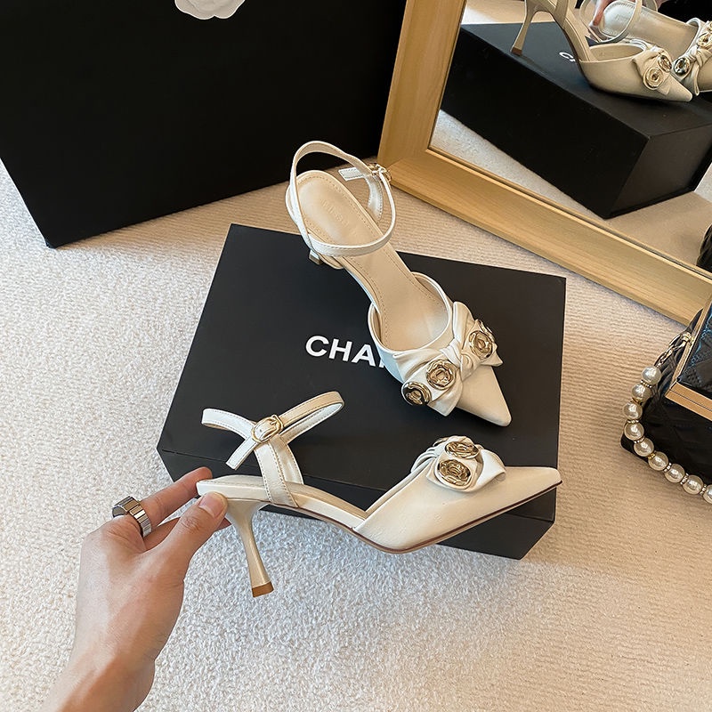Giày Sandal Cao Gót Mũi Nhọn Phối Quai Nơ Thời Trang Pháp Cho Nữ