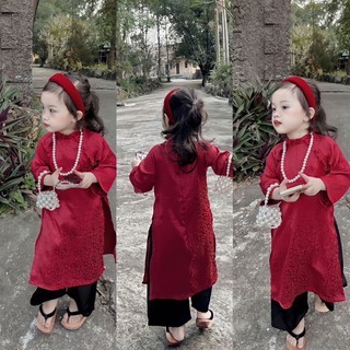 (8-30kg) Set áo dài gấm lụa hoa chìm bé gái (kèm quần lụa đen)