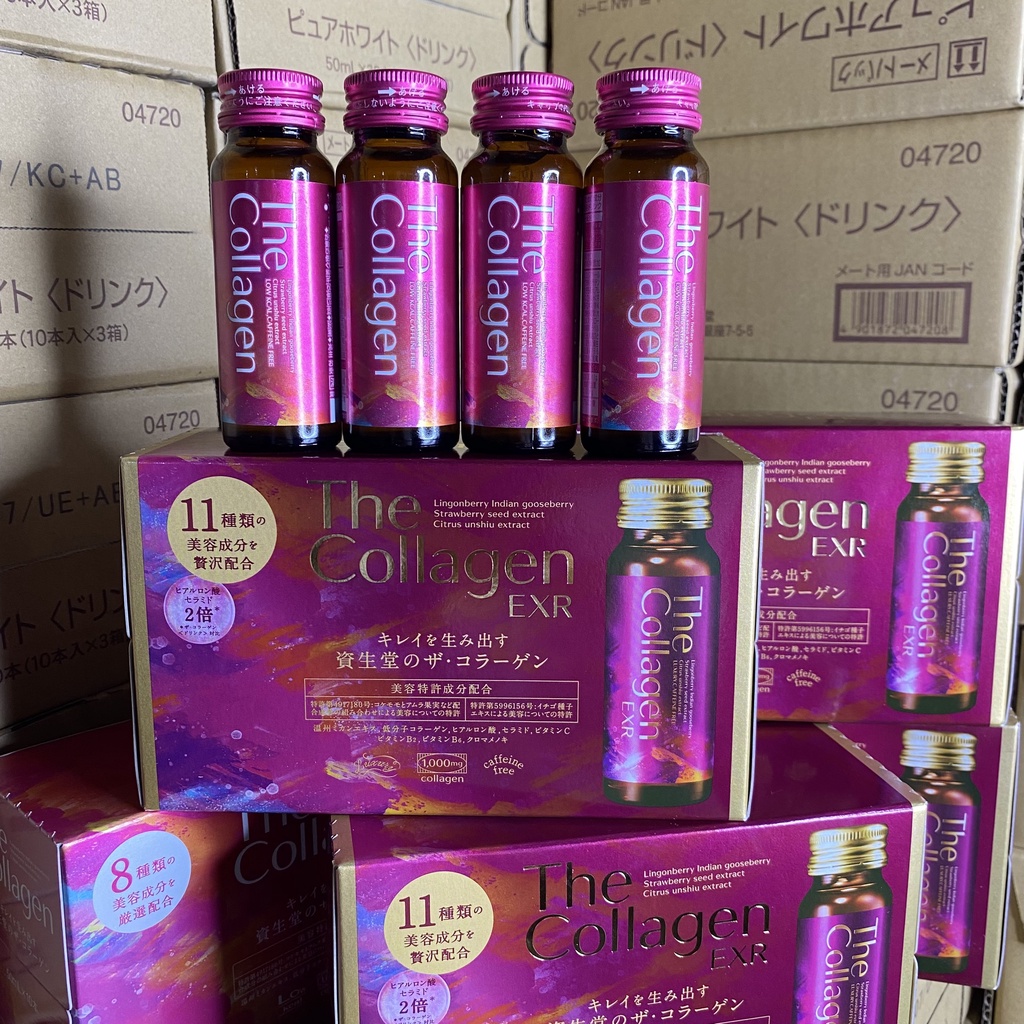Nước uống The Collagen Shiseido, Collagen EXR, Pure White Nhật Bản hộp 10 chai 50ml giúp làmsáng da, giảm lão hoá