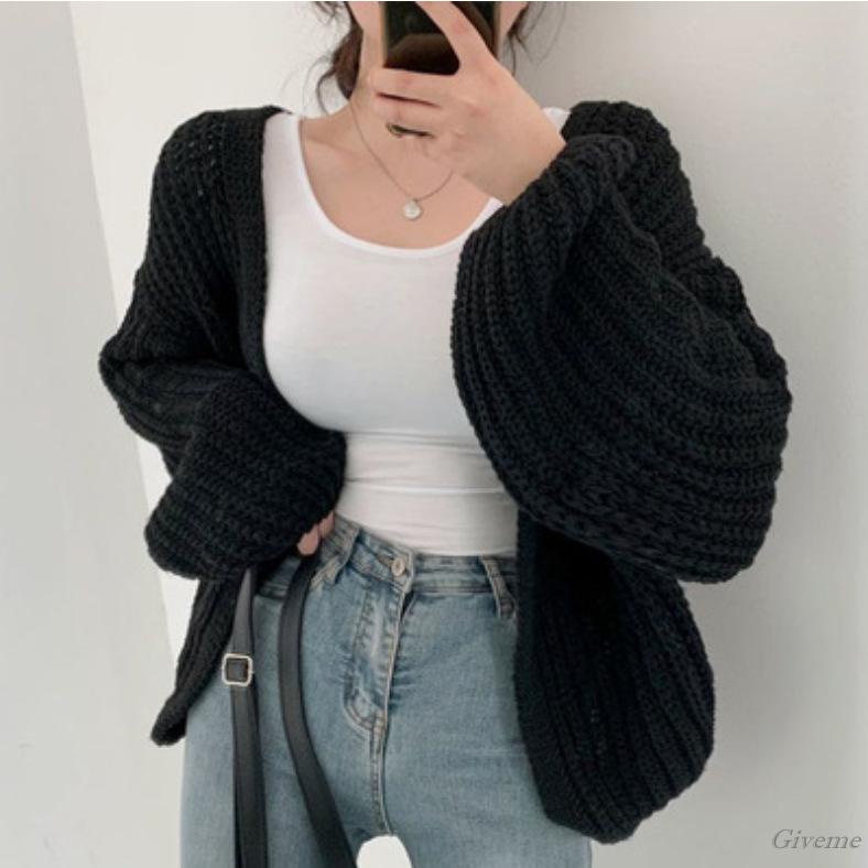 Áo Khoác Cardigan Dệt Kim Tay Phồng Màu Trơn Dáng Rộng Phía Trước Cho Nữ Giới