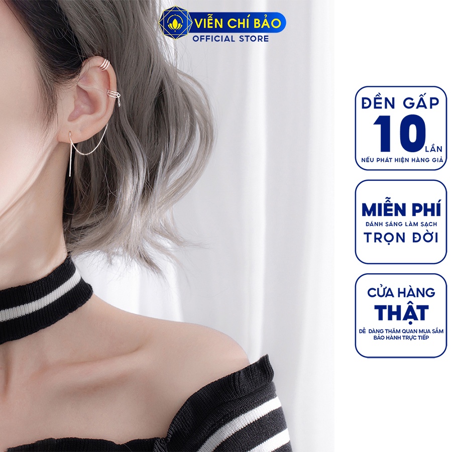 Bông tai bạc nữ kẹp sao dây dài ( bất đối xứng) chất liệu bạc 925 thời trang phụ kiện trang sức Viễn Chí Bảo B000120