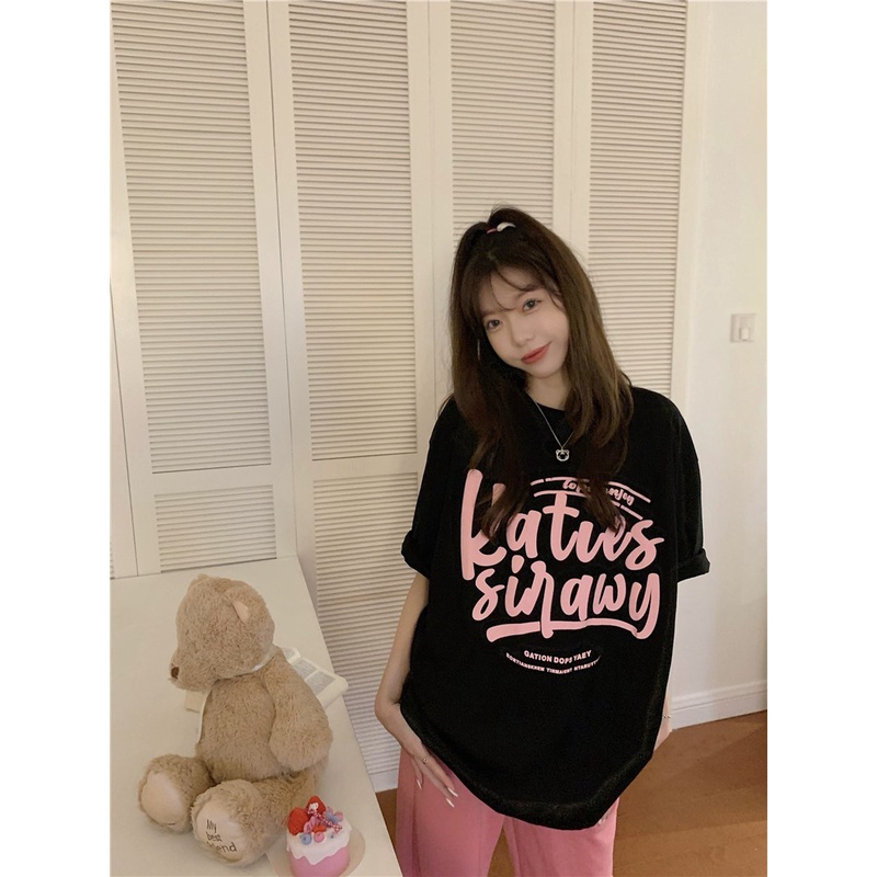 Áo Thun Ngắn Tay Dáng Rộng In Chữ Thời Trang Mùa Hè Hàn Quốc