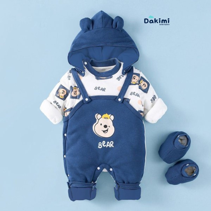 Bodysuit cho bé dài tay DAKIMI kèm mũ HÌNH HỔ ấm áp, body NỈ BÔNG cho bé trai bé gái mẫu quần áo sơ sinh cho bé 0-12M