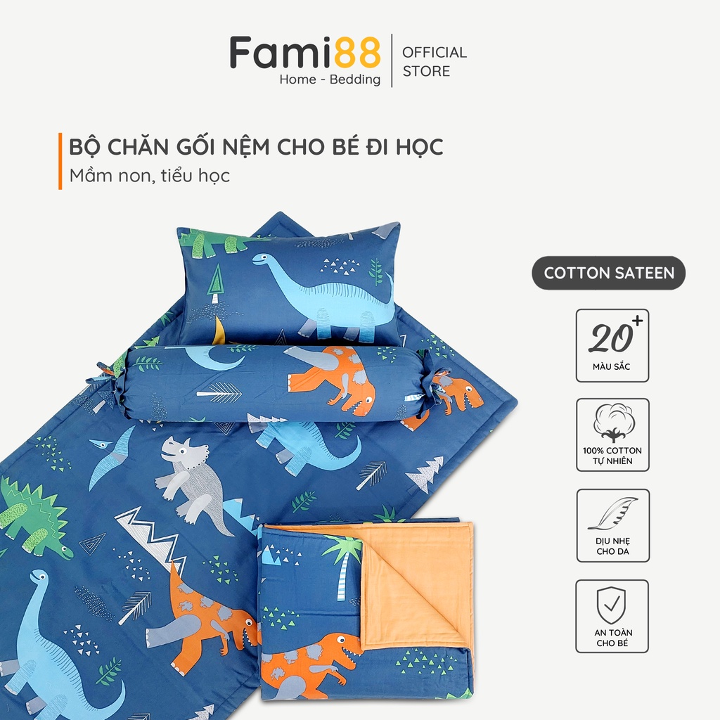 Bộ nệm gối mền cho bé đi học hình Khủng Long-Thú dễ thương Fami88 Bedding, chăn cho bé 2 3 4 5 6 8 tuổi Cotton tự nhiên