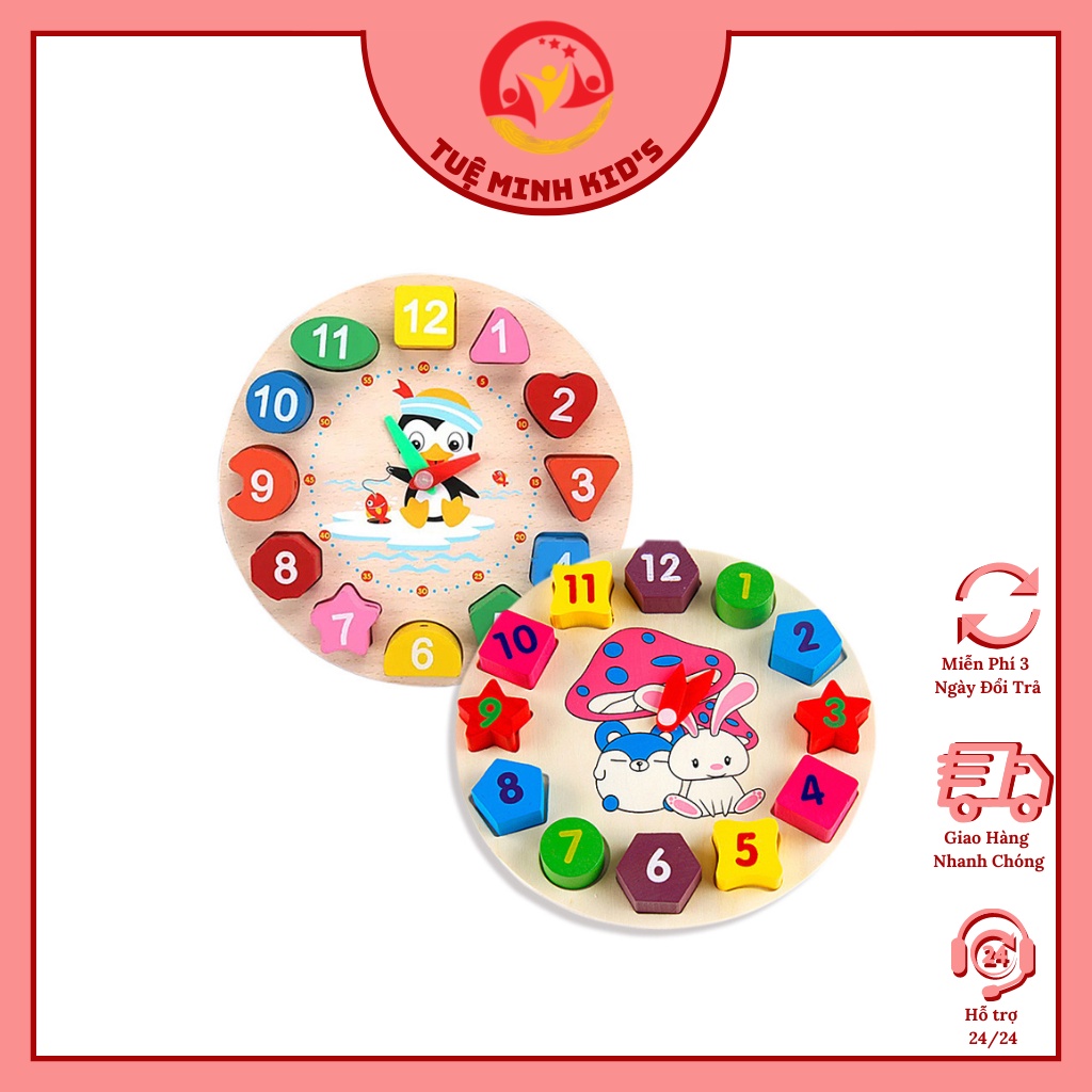 Đồng Hồ Bằng Gỗ♥FREESHIP♥ Đồng Hồ Số Hình Khối Giúp Bé Phân Biệt Hình Khối, Màu Sắc